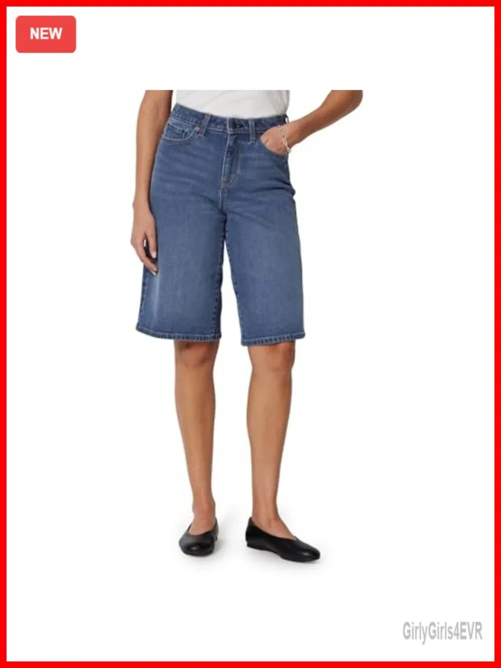Women's Relaxed-Fit Mid-Rise Long Jean Shorts Bermuda Denim Stretch Cotton